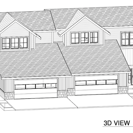 unnamed Architectural 3D rendering of a row of modern two-story townhomes with attached garages, pitched roofs, and mixed siding and stone exterior finishes.